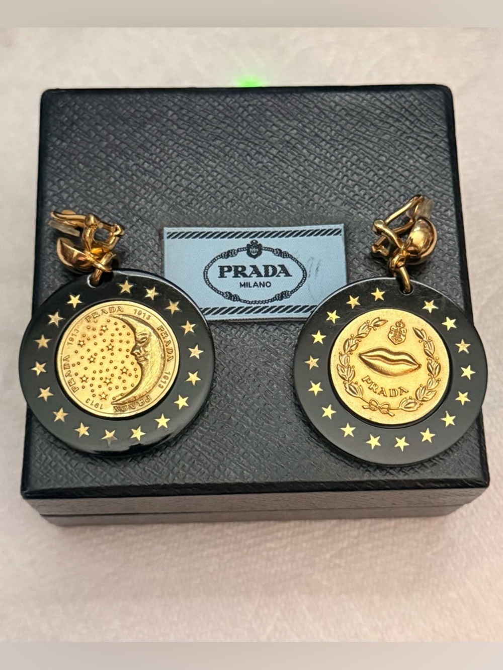 Vintage Prada Black and Gold Medallion Clip-On Earrings